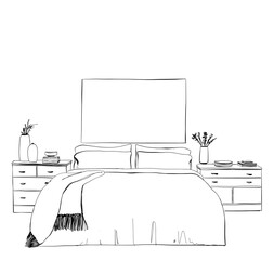 Bedroom modern interior sketch. Hand drawn furniture