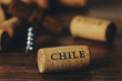 The concept of Chilean wine and winemaking. A wine cork with the name of the country 