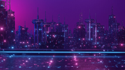 Wall Mural - abstract background with purple neon grids city silhouette in vintage style 3d render