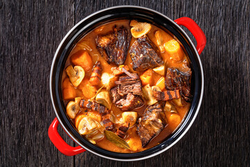 Wall Mural - Beef Bourguignon, Beef Burgundy in pot, top view