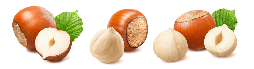 Wall Mural - Triple set of whole, broken and peeled hazelnuts isolated on white background