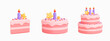 © accogliente - 3D Birthday cake icon set with candles and decorations. Pink cake emoji. Party surprise. Holiday food. Pastel color. Cartoon creative design icons isolated on white background. 3D Rendering