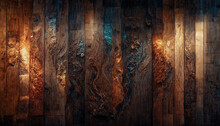 Background Of Old Wood With Epoxy Resin In Blue. Wooden Table Top With Blue Epoxy, Old Boards, Wood Patterns, Old Dark Wood Background. 3D Illustration.