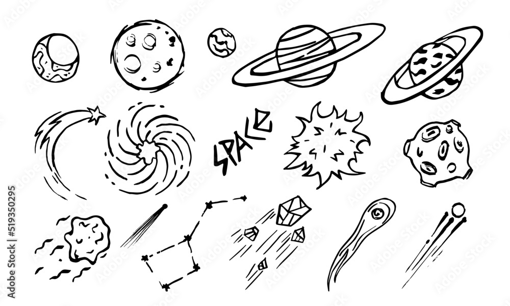 Vector hand-drawn doodles, a set of space objects and symbols, cartoon ...