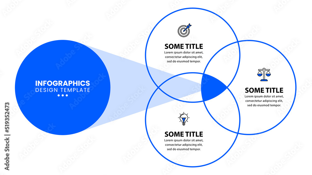 Infographic template. 3 connected blue circles with text and icons ...