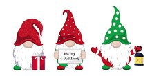 Vector Set Of Cute Hand Drawn Christmas Gnomes. Collection Of Stickers With Colorful Gnomes Merry Christmas