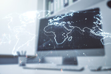 Wall Mural - multi exposure of abstract creative digital world map and modern desktop with laptop on background, 