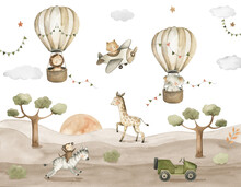 Safari Animals Baby Watercolor Illustration With Lion, Zebra, Giraffe, Monkey And Elephant In Hot Air Balloons