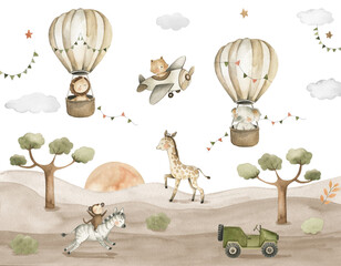 Safari Animals Baby Watercolor Illustration with lion, zebra, giraffe, monkey and elephant in hot air balloons