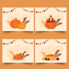 Poster - Thanksgiving Collection with Pumpkin, Turkey Bird, Wheat Ear, Roasted Chicken, Pie Cake, Fruit And Bunting Flags.