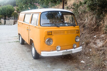 Old Rusty Hot Yellow Hippie Bus, Small Travel Van