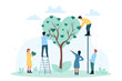 Love and care for environment from tiny people. Cartoon persons grow tree with leaf of heart shape, volunteers cultivate garden together flat vector illustration. Eco development, nature concept