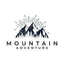 Mountain Vector Graphic In Vintage Style. Adventure Traveling Travel Logo Illustration Template.
