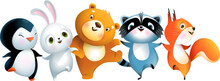 Baby Bear Bunny Penguin Raccoon And Squirrel Jumping Or Dancing, Funny Animals Illustration For Kids. Children Cartoon Of Adorable Happy Smiling Animals Friends, Isolated Vector Clipart.