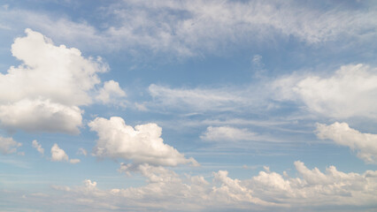 Wall Mural - beautiful panorama or wide angle sky replacement background with layers of fluffy white cumulus clou