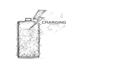 Leinwandbilder - Abstract outline low poly alkaline battery charging electric vector. Polygon particle and dot line wireframe connection with energy charge system illustration concept background.