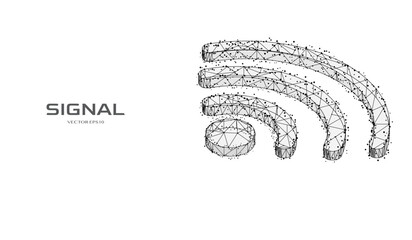 Leinwandbilder - Abstract low poly wireframe mesh of wifi signal communication concept. Black outline  polygonal line connection with particle dot and glow structure 3D vector.
