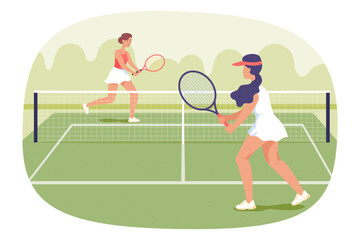 Wall Mural - two female tennis players with rackets on court. women playing tennis together outside flat vector i