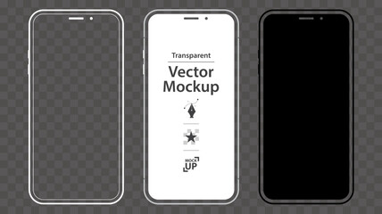 Wall Mural - mobile phone vector mockup design set. smartphone template with black, white, transparent screen.
