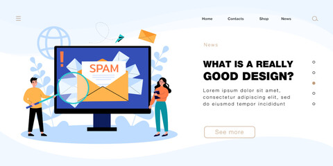 Wall Mural - tiny office workers and envelope with spam on computer screen. letter with spam message flat vector 
