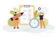 Tiny man working with business to do list. Woman with megaphone and clock announcing deadline flat vector illustration. Productivity, urgency concept for banner, website design or landing web page