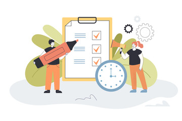 Wall Mural - tiny man working with business to do list. woman with megaphone and clock announcing deadline flat v