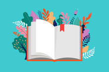 Book Festival Concept. Huge Open Book Surrounding The Many Flowers, Leaves, Plants. Back To School, Library Concept Design. Vector Illustration, Poster And Banner