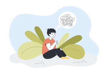Wall Mural - confused sad kid sitting with tangled knot of thoughts. headache, anxiety of depressed sick boy flat