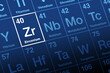 Zirconium on periodic table. Transition metal and element, with symbol Zr from the mineral zircon, related to Persian zargun for gold-like, and with atomic number 40. Used as refractory and opacifier.