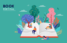 Book Festival Concept Of A Small People, Kids Reading An Open Huge Book. Back To School, Library Concept Design. Vector Illustration, Poster And Banner