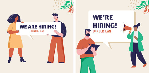 We are hiring announcement template. People holding speech bubbles, flat style modern illustrations