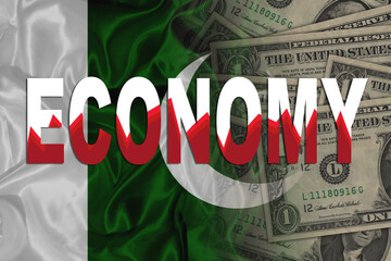 Pakistan flag with US currency superimposed, economy with red graph going low bad sign