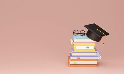 Wall Mural - Stack of book with graduation hat on pink background. 3d rendering illustration.