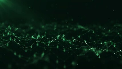 social media technology communication network connection concept. There is a polygon connected to a slow moving people icon on a dark green background.