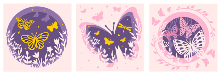 Wall Mural - butterfly silhouette set with flower. floral butterfly. various moths cards.