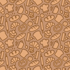 Bakery seamless pattern consisting of food and baking accessories line style brown color for use decoration identity loaf store, coffee shop, food market, cafe, cupcake firm etc. Vector Illustration