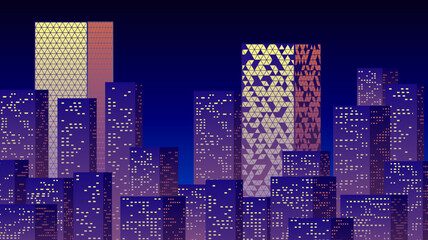Wall Mural - Neon night in the business city with skyscrapers. Purple highrise cityscape background in 80s style with neon lights in the windows.