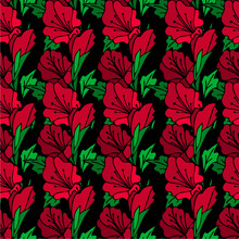 Seamless Repeating Pattern Of Large Red Flowers On A Black Background, Repeating Graphic Color Pattern, Texture, Design