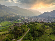 Old Ruin And Terraced Vineyards In The Hills Of Valtellina, Sondrio, Lombardy, Italy