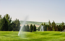 Water Sprinklers Watering The Grass On A Golf Course In Summer, Kakheti, Tusheti, Georgia