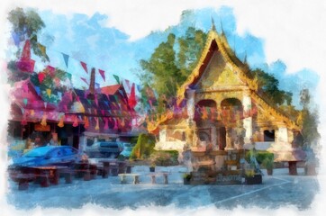 Wall Mural - Ancient temples in the northeastern provinces of Thailand watercolor style illustration impressionist painting.