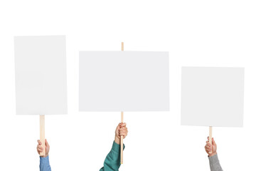 Group of people holding blank protest signs on white background, closeup