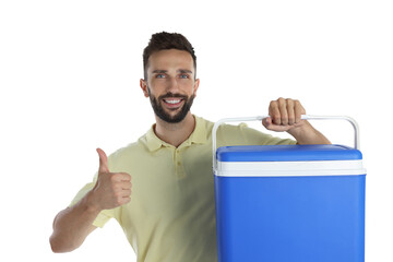 Wall Mural - Happy man with cool box showing thumb up on white background