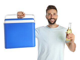 Wall Mural - Happy man with cool box and bottle of beer on white background