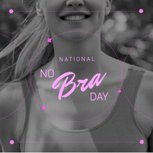 Image of no bra day over midsection of caucasian woman in sport bra