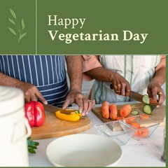 Sticker - Composition of happy vegetarian day text over african american couple cooking in kitchen