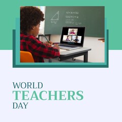 Poster - Composition of world teachers day text with african american boy using laptop on green background