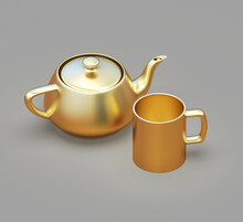 Mug Mockup. Gold Mug And Teapot.