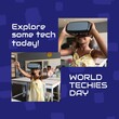 Digital composite image of biracial girl enjoying virtual reality with world techies day text