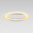 Three dimensional shiny golden nimbus isolated on transparent background. Glossy realistic halo, angel ring, Saint aureole symbol. Vector illustration EPS 10